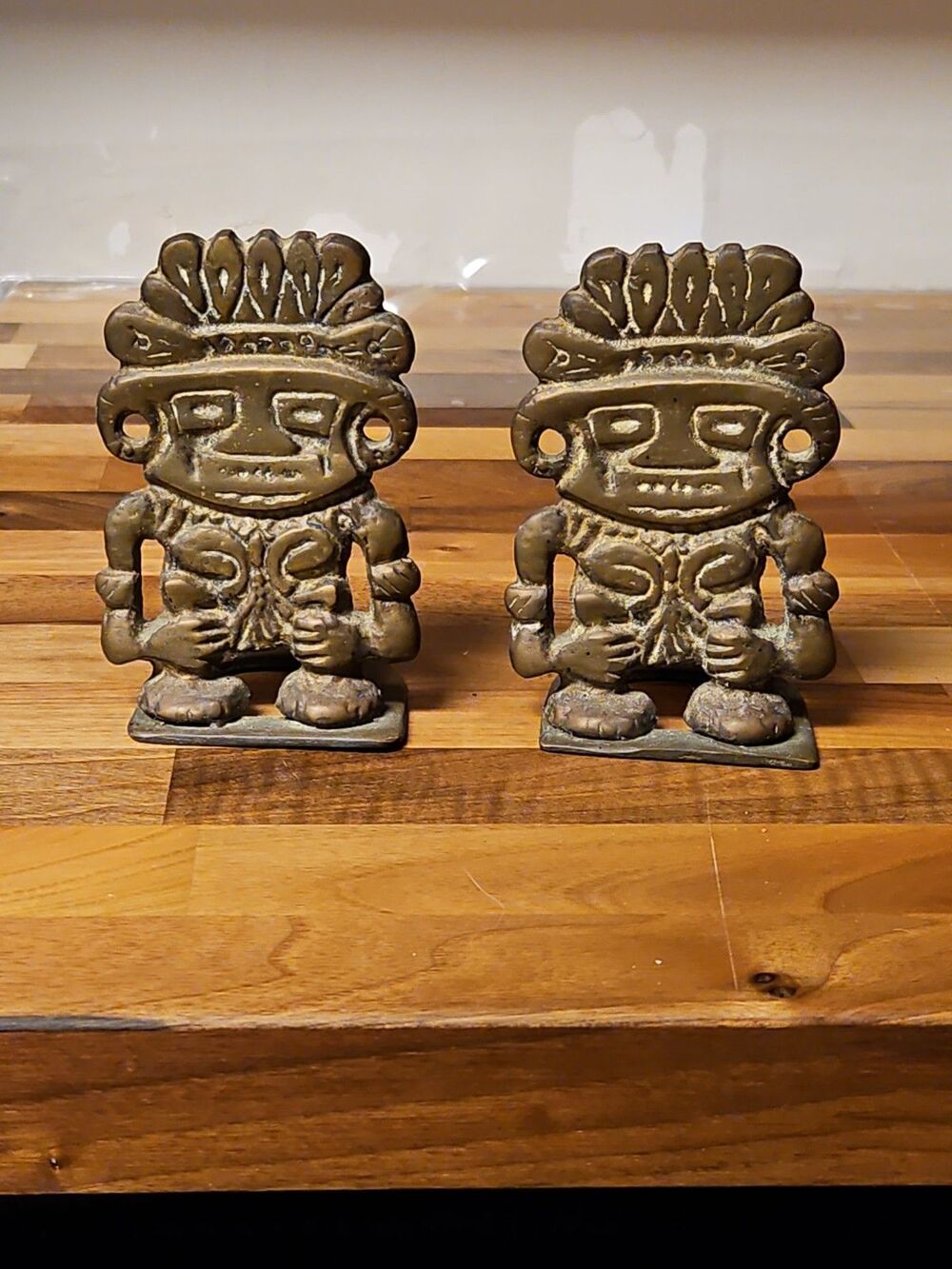Vintage MCM Mesoamerican Mayan Deity Aztec Warrior Style Brass Bookends